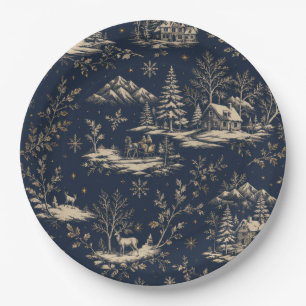 Midnight Navy Winter Toile de Jouy Christmas Paper Plates