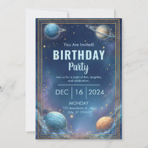 Midnight Nebula Cloud Triple Gold Frame Birthday Invitation