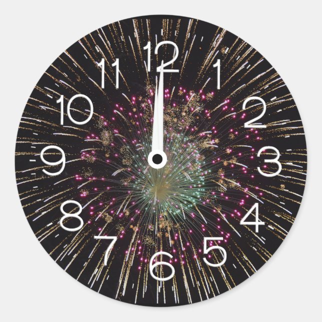 Midnight New Years Eve Clock On Fireworks  Classic Round Sticker (Front)