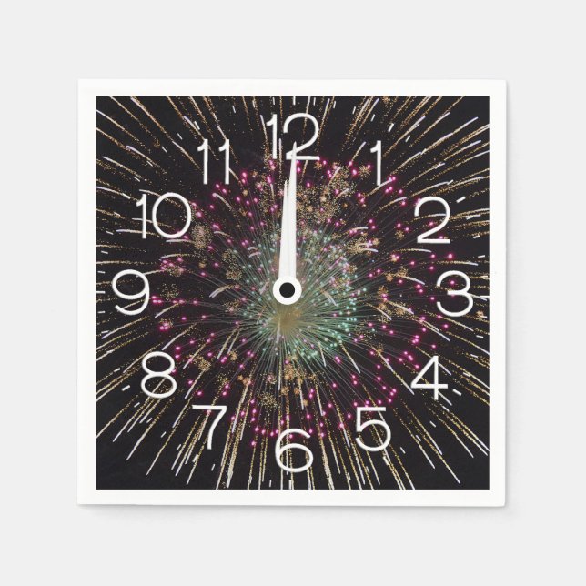 Midnight New Years Eve Clock On Fireworks  Napkins (Front)