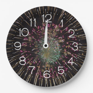 Midnight New Years Eve Clock On Fireworks  Paper Plates