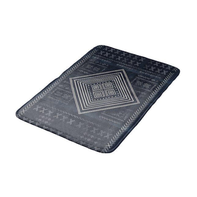 Midnight Nomad Diamond - Indigo Mudcloth Art Bath Mat (Angled)