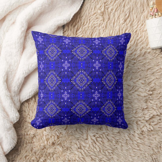 Midnight Nomad – Indigo Boho Moroccan Throw Pillow (Blanket)
