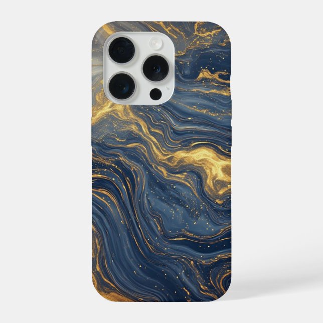 Midnight Ocean Marble Glow ✨ Gold Swirl Elegant iPhone Case (Back)