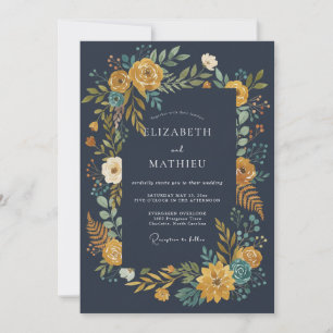 Midnight Ochre Ranunculus Grey Eucalyptus Wedding Invitation