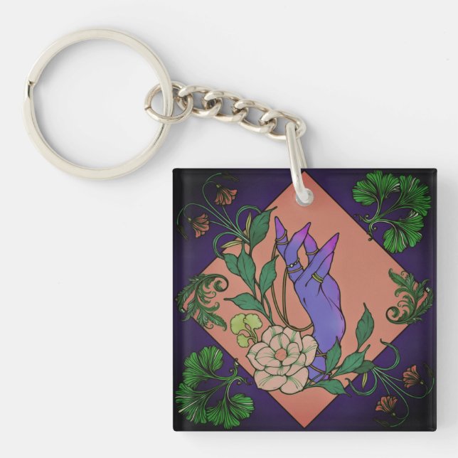 “Midnight Offering” – Botanical Hand & Bloom  Keychain (Front)