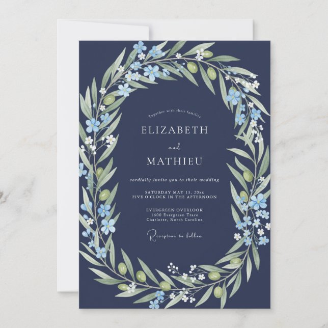 Midnight Olive Branch Sage Wedding Invitation (Front)