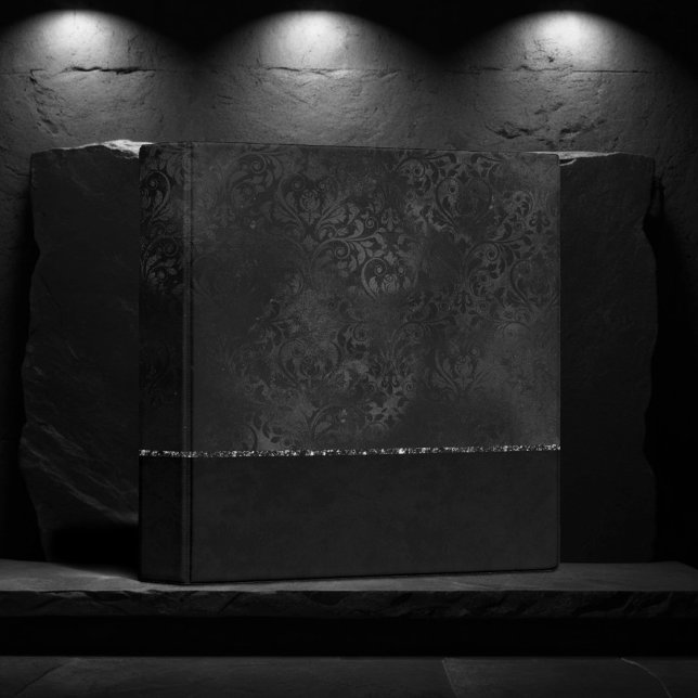 Midnight Onyx Romance | Black Satiny Grunge Damask 3 Ring Binder (Creator Uploaded)