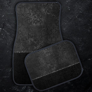 Midnight Onyx Romance   Black Satiny Grunge Damask Car Floor Mat