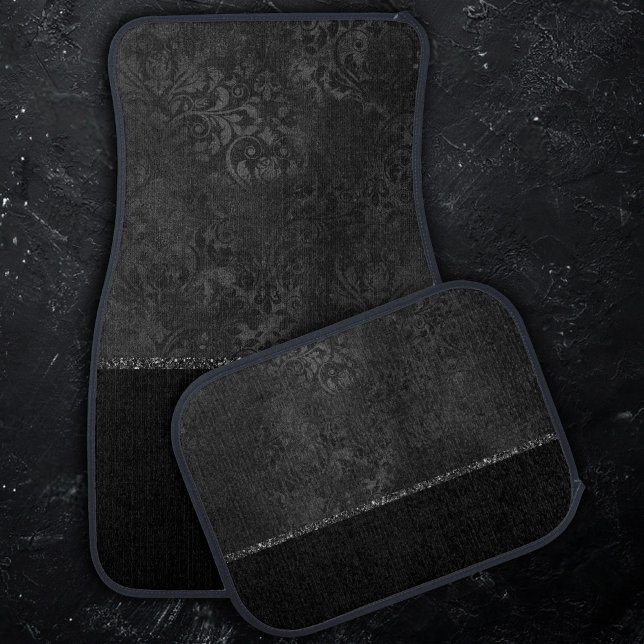 Midnight Onyx Romance | Black Satiny Grunge Damask Car Floor Mat (Creator Uploaded)