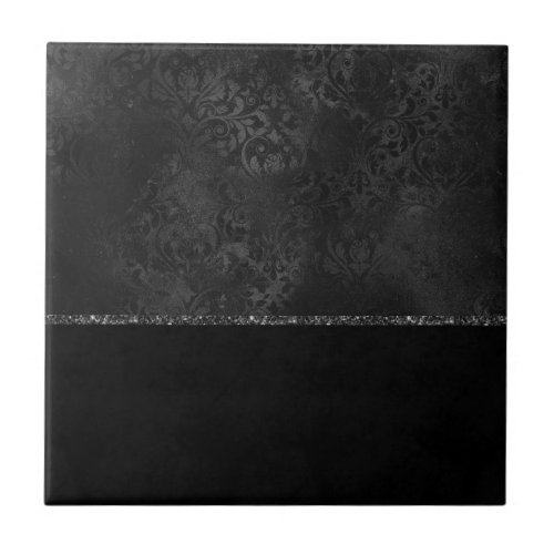 Midnight Onyx Romance  Black Satiny Grunge Damask Ceramic Tile