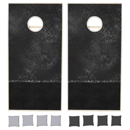 Midnight Onyx Romance  Black Satiny Grunge Damask Cornhole Set