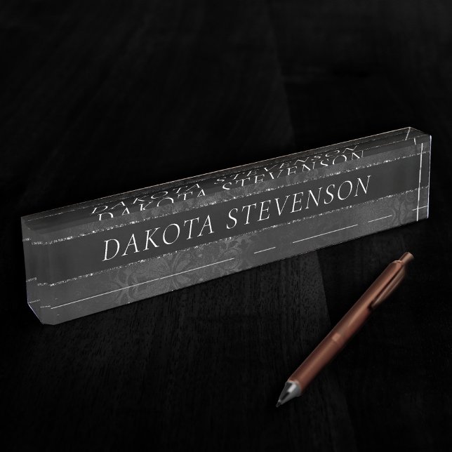 Midnight Onyx Romance | Black Satiny Grunge Damask Desk Name Plate (Creator Uploaded)