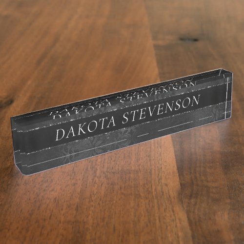 Midnight Onyx Romance  Black Satiny Grunge Damask Desk Name Plate