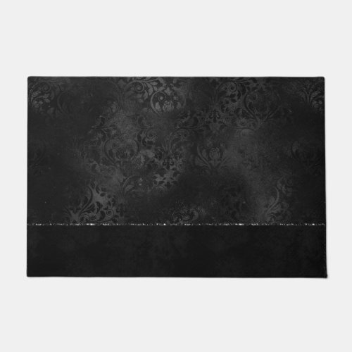 Midnight Onyx Romance  Black Satiny Grunge Damask Doormat