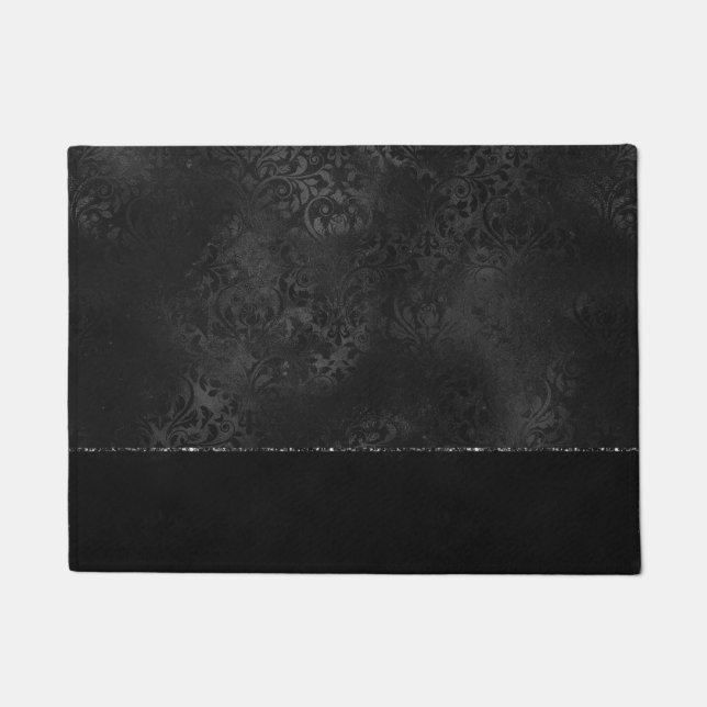 Midnight Onyx Romance | Black Satiny Grunge Damask Doormat (Front)