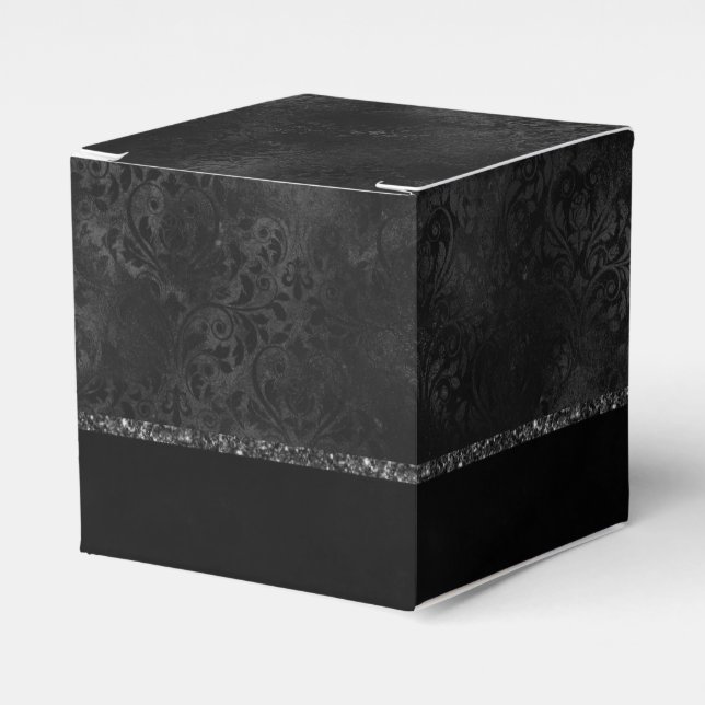Midnight Onyx Romance | Black Satiny Grunge Damask Favor Boxes (Front Side)