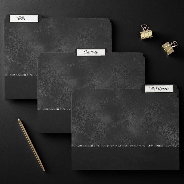 Midnight Onyx Romance | Black Satiny Grunge Damask File Folder (Creator Uploaded)