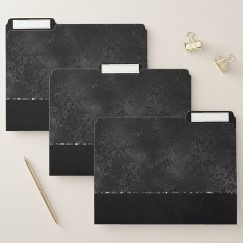 Midnight Onyx Romance  Black Satiny Grunge Damask File Folder