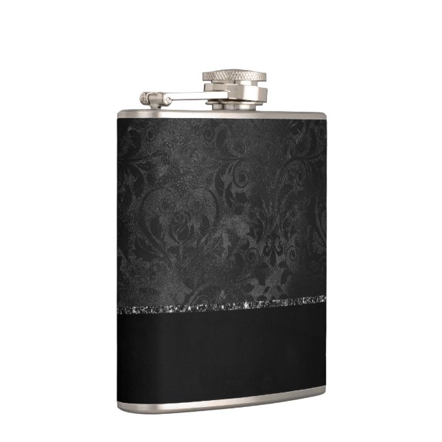 Midnight Onyx Romance | Black Satiny Grunge Damask Flask (Right)