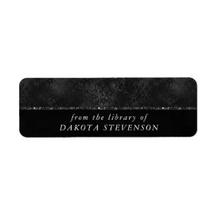Midnight Onyx Romance Black Satiny Grunge Damask Label