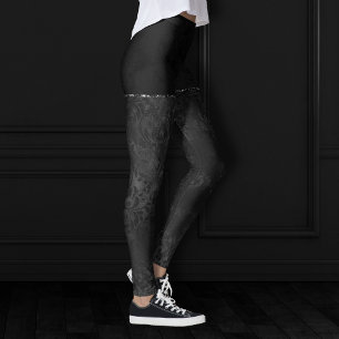 Midnight Onyx Romance Black Satiny Grunge Damask Leggings