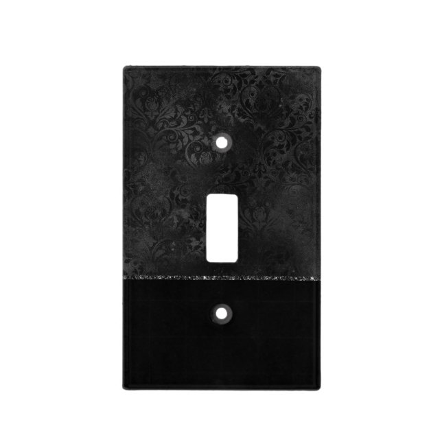 Midnight Onyx Romance | Black Satiny Grunge Damask Light Switch Cover (Front)