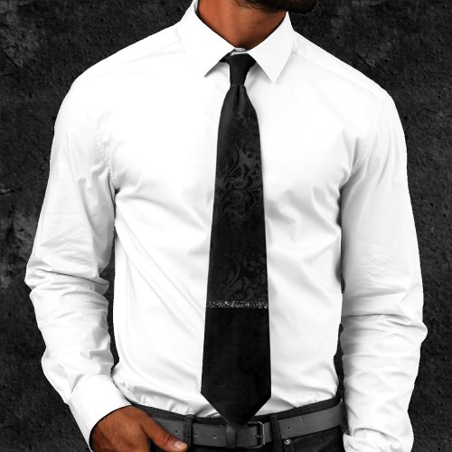 Midnight Onyx Romance  Black Satiny Grunge Damask Neck Tie