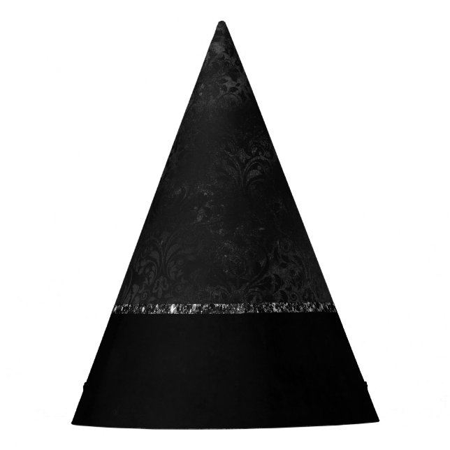 Midnight Onyx Romance | Black Satiny Grunge Damask Party Hat (Front)