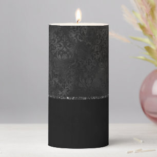 Midnight Onyx Romance   Black Satiny Grunge Damask Pillar Candle