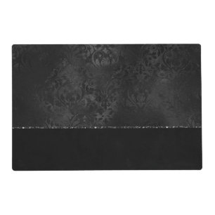 Midnight Onyx Romance Black Satiny Grunge Damask Placemat