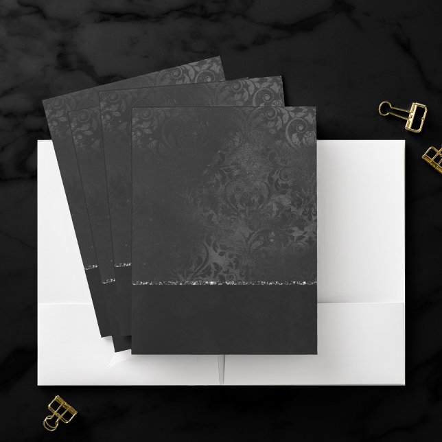 Midnight Onyx Romance | Black Satiny Grunge Damask Pocket Folder (Creator Uploaded)