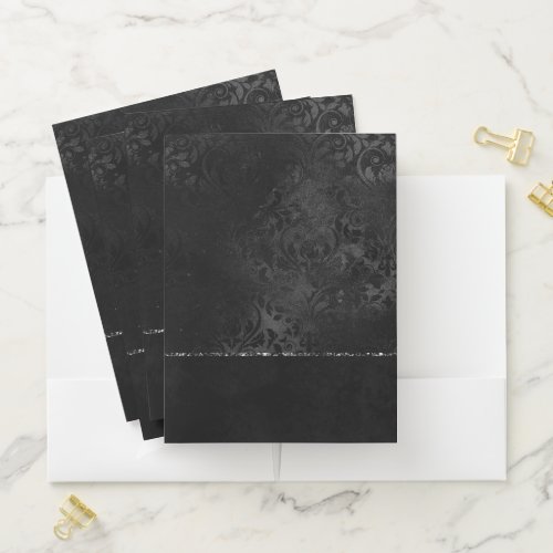 Midnight Onyx Romance  Black Satiny Grunge Damask Pocket Folder