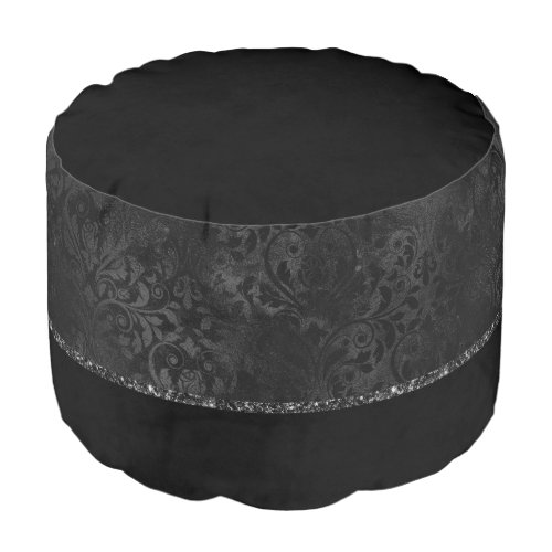 Midnight Onyx Romance  Black Satiny Grunge Damask Pouf