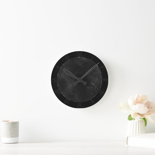 Midnight Onyx Romance  Black Satiny Grunge Damask Round Clock