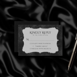 Midnight Onyx Romance Black Satiny Grunge Damask RSVP Card