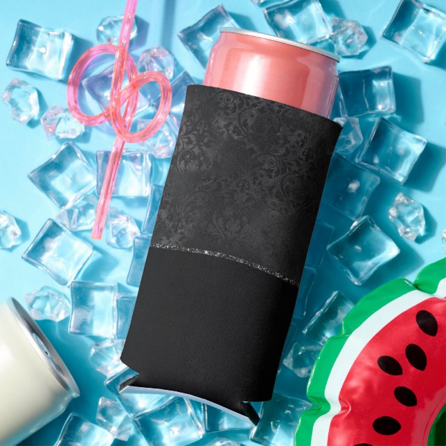 Midnight Onyx Romance | Black Satiny Grunge Damask Seltzer Can Cooler (In Situ Summer)