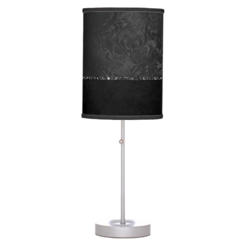 Midnight Onyx Romance  Black Satiny Grunge Damask Table Lamp