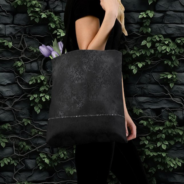 Midnight Onyx Romance | Black Satiny Grunge Damask Tote Bag (Creator Uploaded)