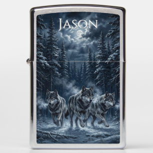 Midnight Pack — Three Wolves Moonlit Forest Zippo Lighter