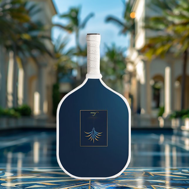 Midnight Palm Collection Luxury Navy Blue Logo Carbon Fiber Pickleball Paddle (Elegant Monogrammed Navy Blue Tropical Pickleball Paddle)