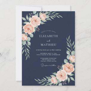 Midnight Peach Botanical Watercolor Wedding Invitation