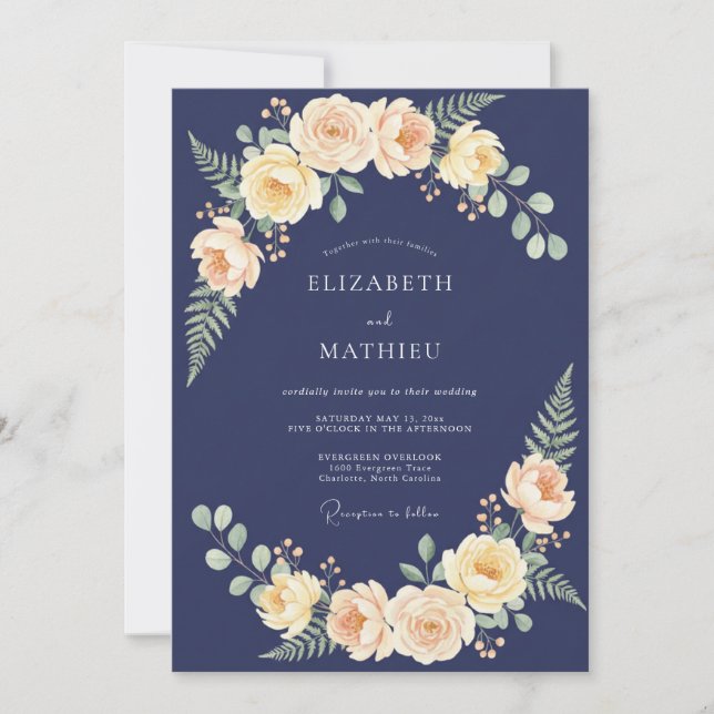 Midnight Peach Foliage Eucalyptus Wedding Invitation (Front)