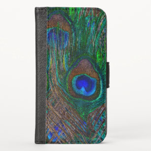 Midnight Peacock Feathers Etching Style iPhone X Wallet Case