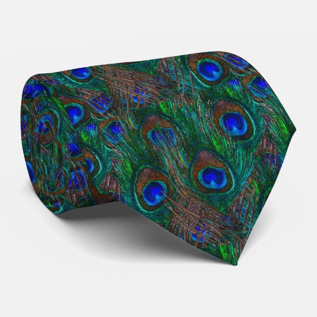 Midnight Peacock Feathers Etching Style Neck Tie (Rolled)