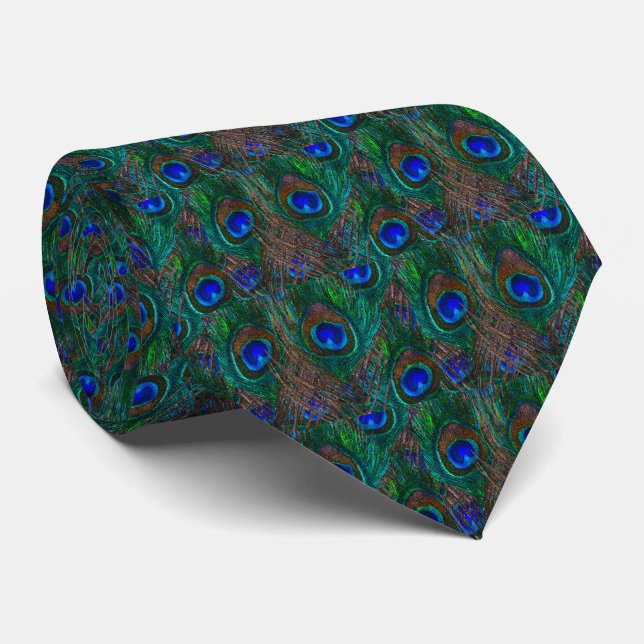 Midnight Peacock Feathers Etching Style Neck Tie (Rolled)