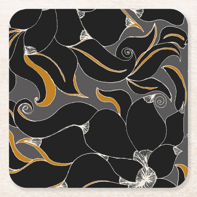 Midnight Petals – Elegant Floral Pattern Square Paper Coaster (Front)