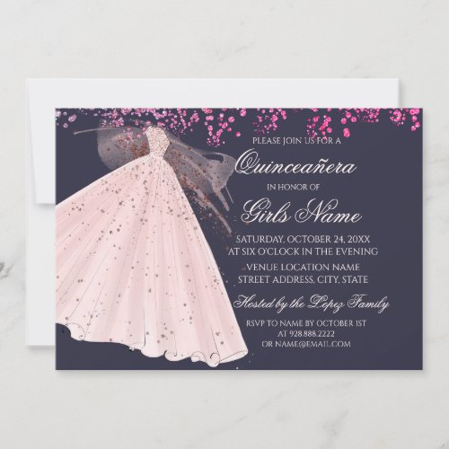 Midnight  Pink Gown Sparkle Heels Quinceaera Invitation