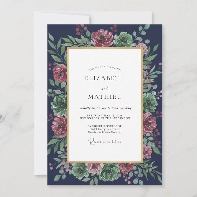 Midnight Plum Foliage Eucalyptus Wedding Invitation (Front)