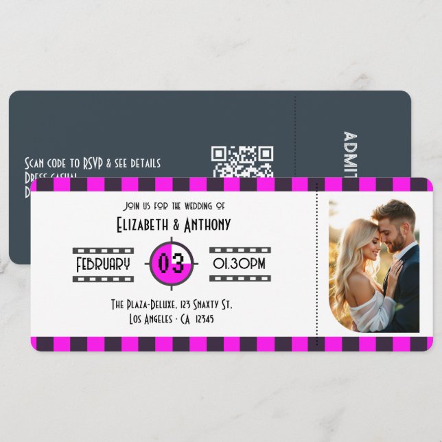 Midnight Plum, Neon Pink & Dark Charcoal Cinema Invitation (Front/Back)